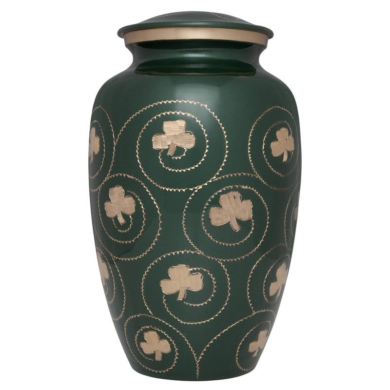 Ansons Urns Green Irish Shamrock Cremation Urn - Clover Funeral Urn in Several Colors - Burial Urn for Human Ashes - Detailed Hand Engraving - 100% Brass - Image 1